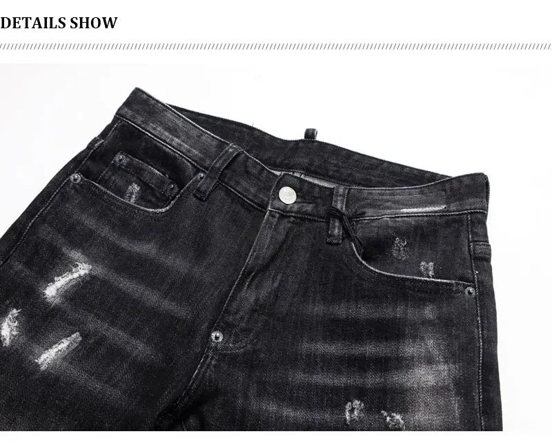Men's Slim-Fit Distressed Black Grey Denim Jeans