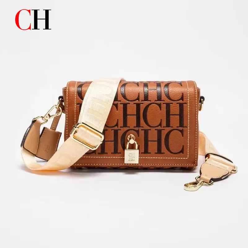 CH Crossbody Bag For Women Luxury Monogram Leather Handbag Fashion Wide Strap Shoulder Bag Elegant Lock Flap Bag For Daily Use