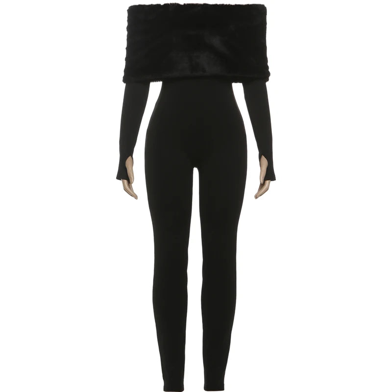 Winter Furry Patchwork Jumpsuit – Slash Neck Long Sleeve Slim Fit Streetwear