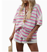 2025 Summer Women'S Hollow Striped Knitted 2 Pieces Set Short Sleeve Flip Collar Cardigan Single Breasted Casual Shorts Suits
