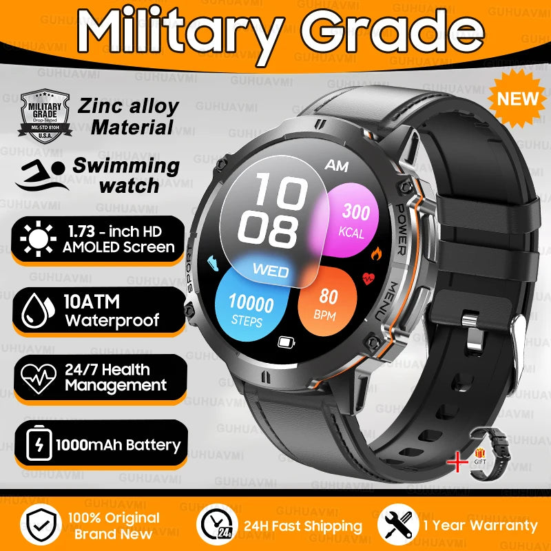 2025 New 1000mAh Battery Sports SmartWatch 1.73" AMOLED Screen 10ATM Waterproof Compass Altimeter Military T-Rex3 Smartwatch Men