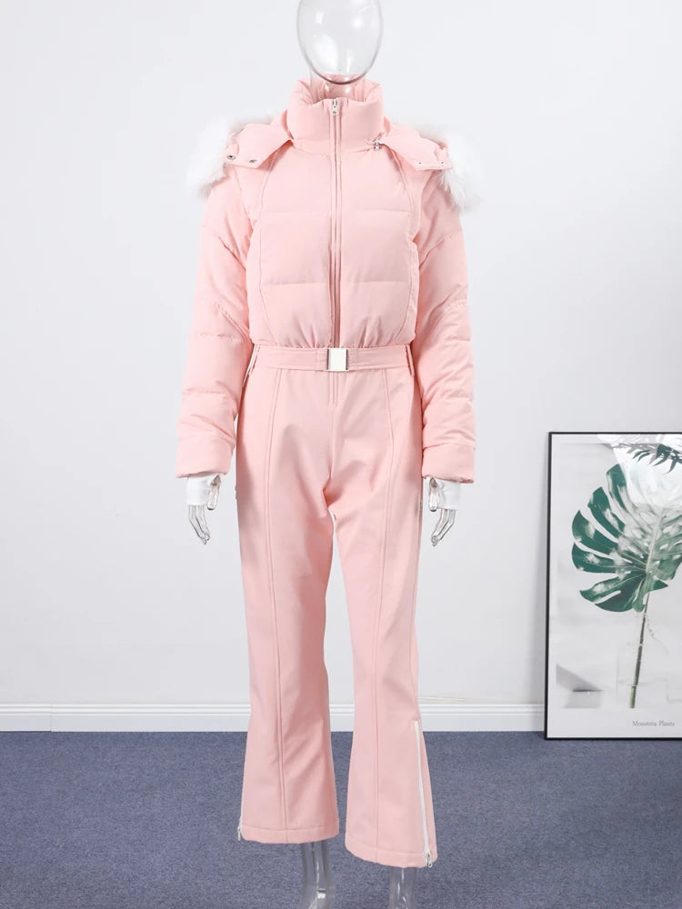 Women's Winter Fur-Trim Hooded Jumpsuit