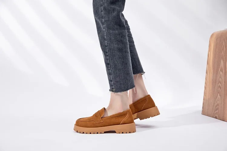 AIYUQI Women's Suede Square-Heel Loafers | British Style