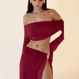 Women's Solid Beach Skirt Sets Sexy High Split Slim Bohemian Outfits Off The Shoulder Holiday Fashion 2 Piece Set 2025 Beachwear