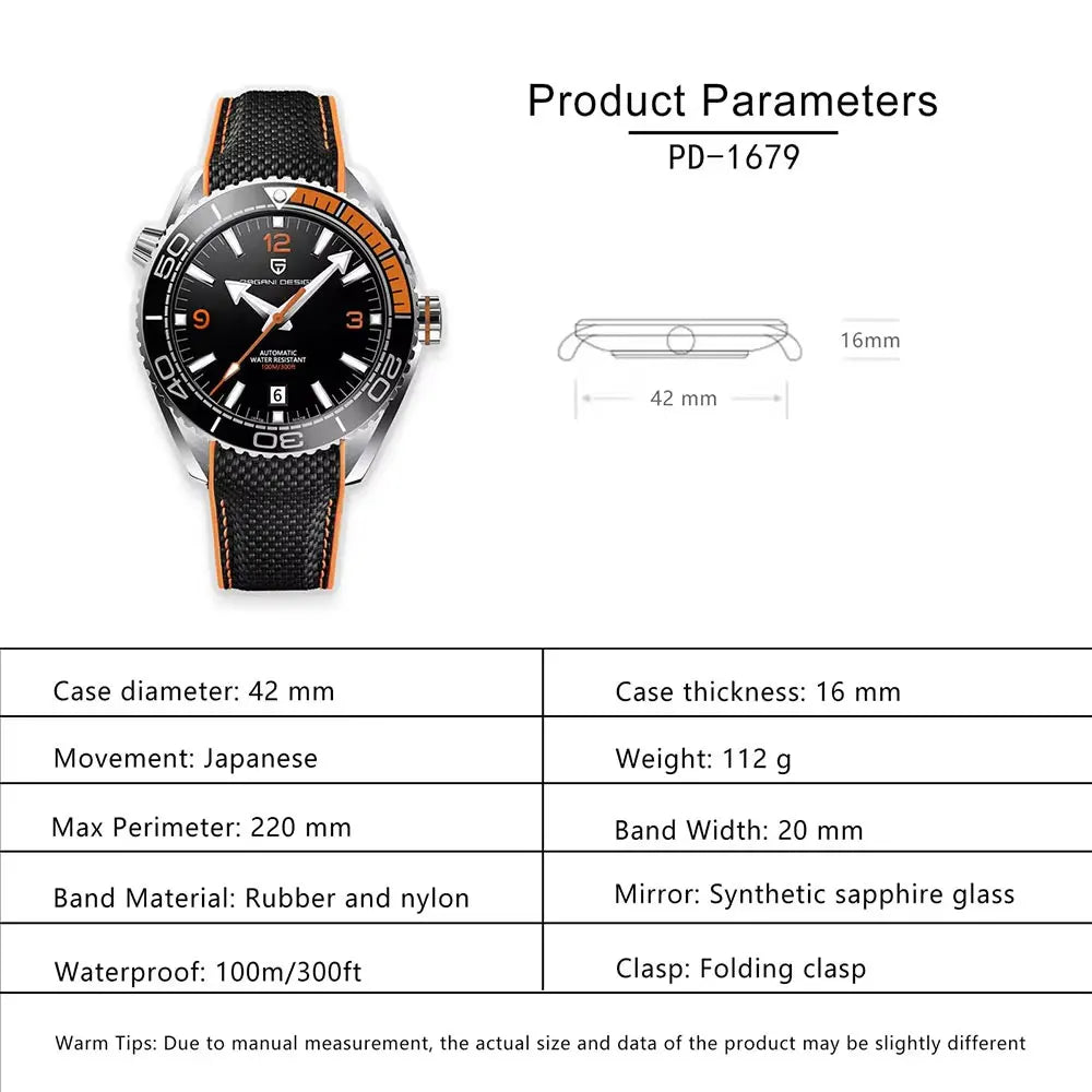 PAGANI DESIGN New PD-1679 Men's Watch Japan 8215 Movement Mechanical Watches Sapphire Glass 100M Waterproof Automatic Wristwatch