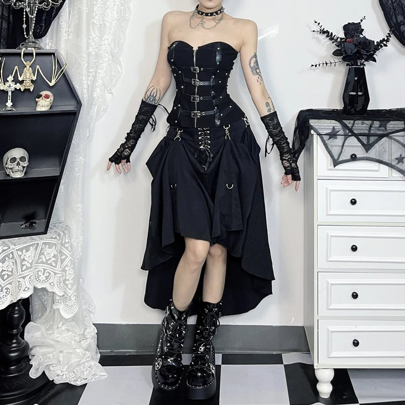Gothic High-Waist A-Line Midi Skirt | Harajuku Grunge Y2K