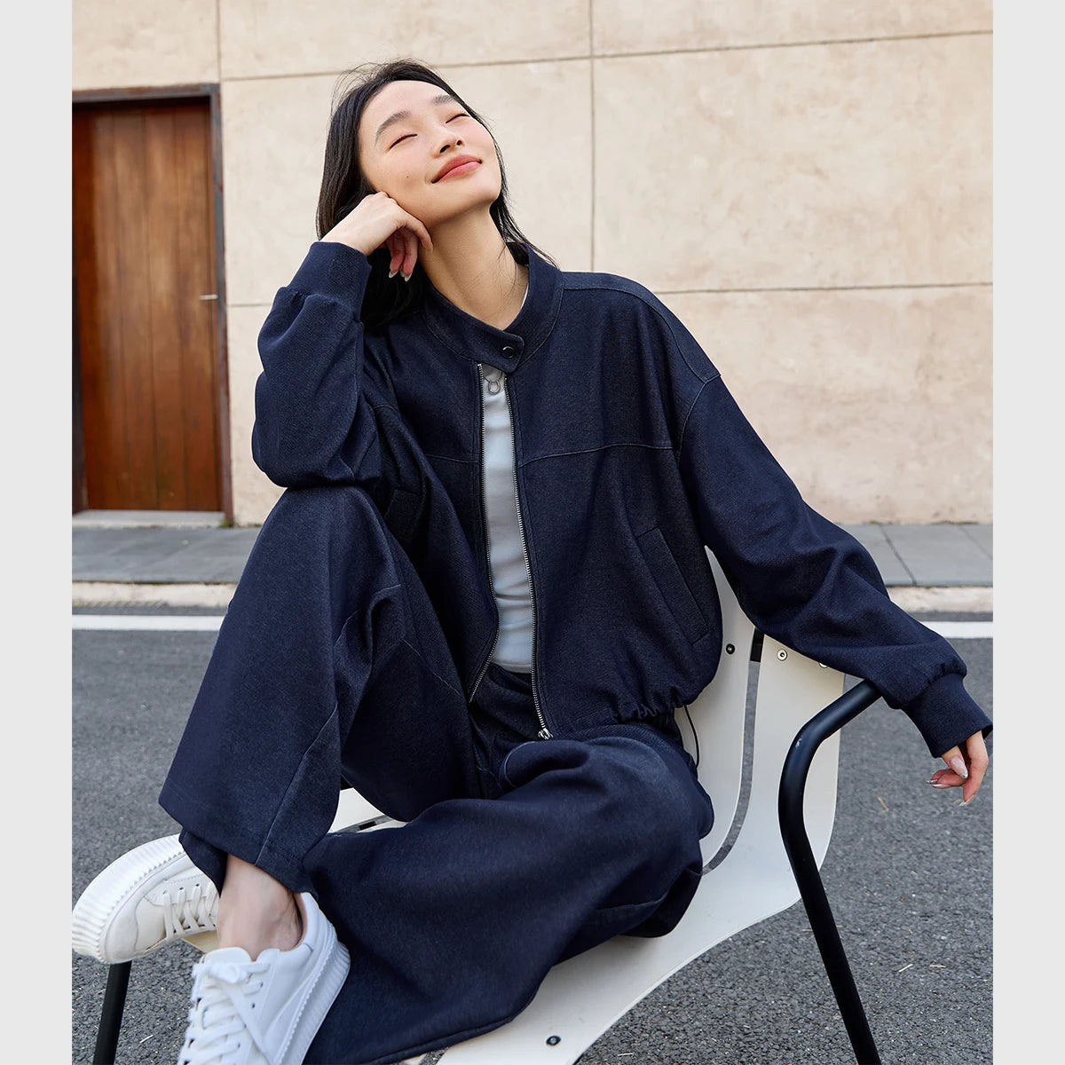 VIMLY 2 Piece Pant Set Woman Casual Outfits Women's Pant Suit 2026 Blue Stand-up Collar Jacket and Trouser Female Clothing A0119