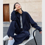 VIMLY 2 Piece Pant Set Woman Casual Outfits Women's Pant Suit 2026 Blue Stand-up Collar Jacket and Trouser Female Clothing A0119