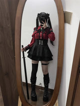 Women‘s Lolita Set Dark Femme Mesh Top & Waist Cinching Skirt, 2025 Autumn Japanese Street Style Coord for Gothic Baddie Fashion