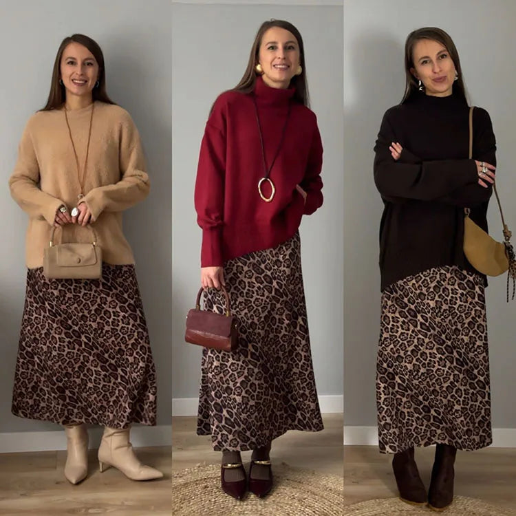 Leopard Print Suede Maxi Skirt – Women's Autumn Winter