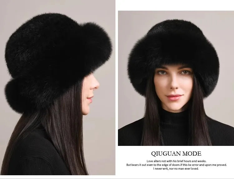 Genuine Knitted Mink Fur Hat with Fox Fur Brim