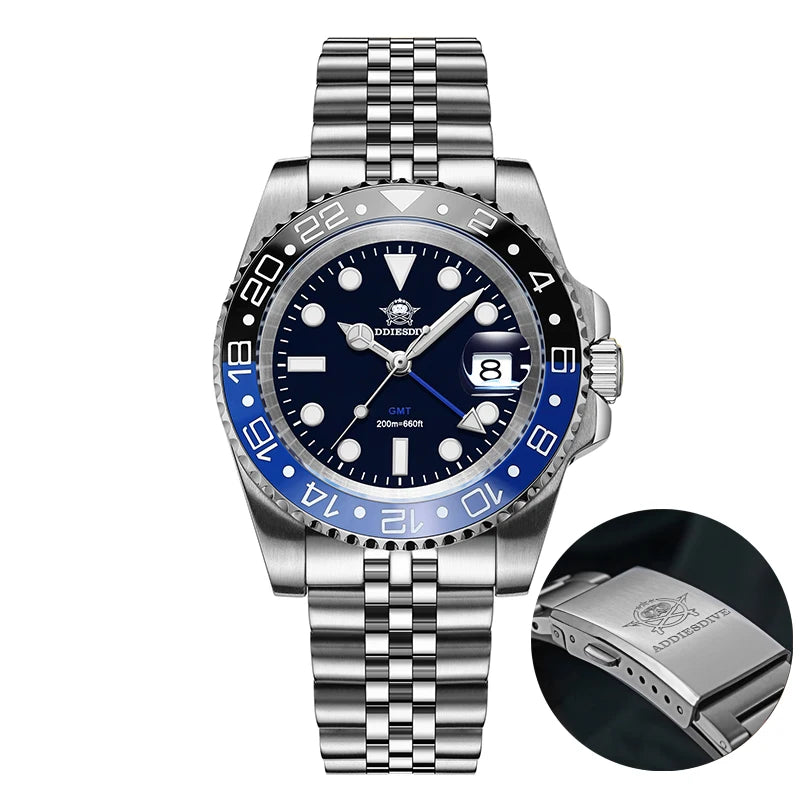 ADDIESDIVE AD2050 Men GMT Watch Swiss Ronda 515-24 BGW9 Super Luminous 20Bar Waterproof Reloj 316L Stainless Steel Quartz Watch