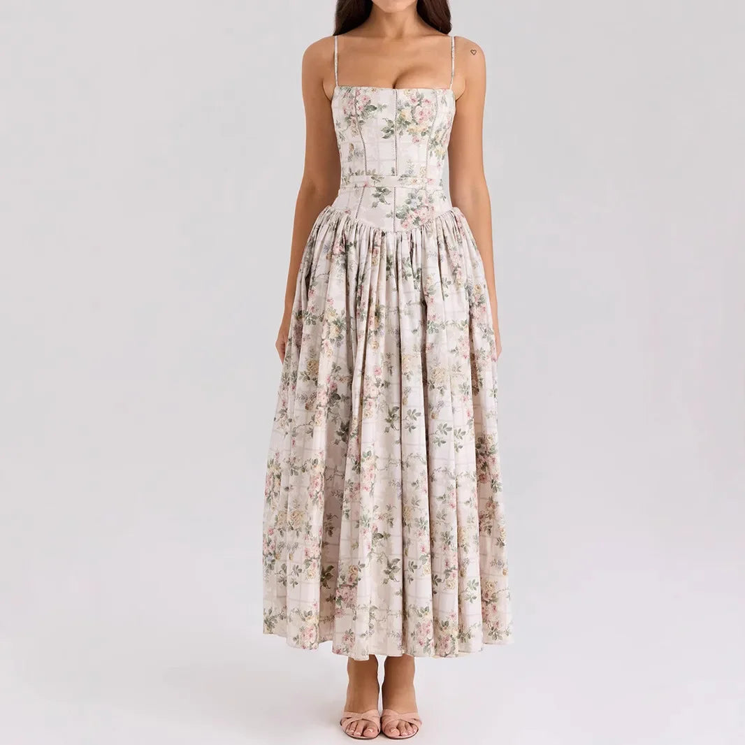 Floral Print Spaghetti Strap Midi Sundress - Elegant Boho Chic Summer Beach Dress