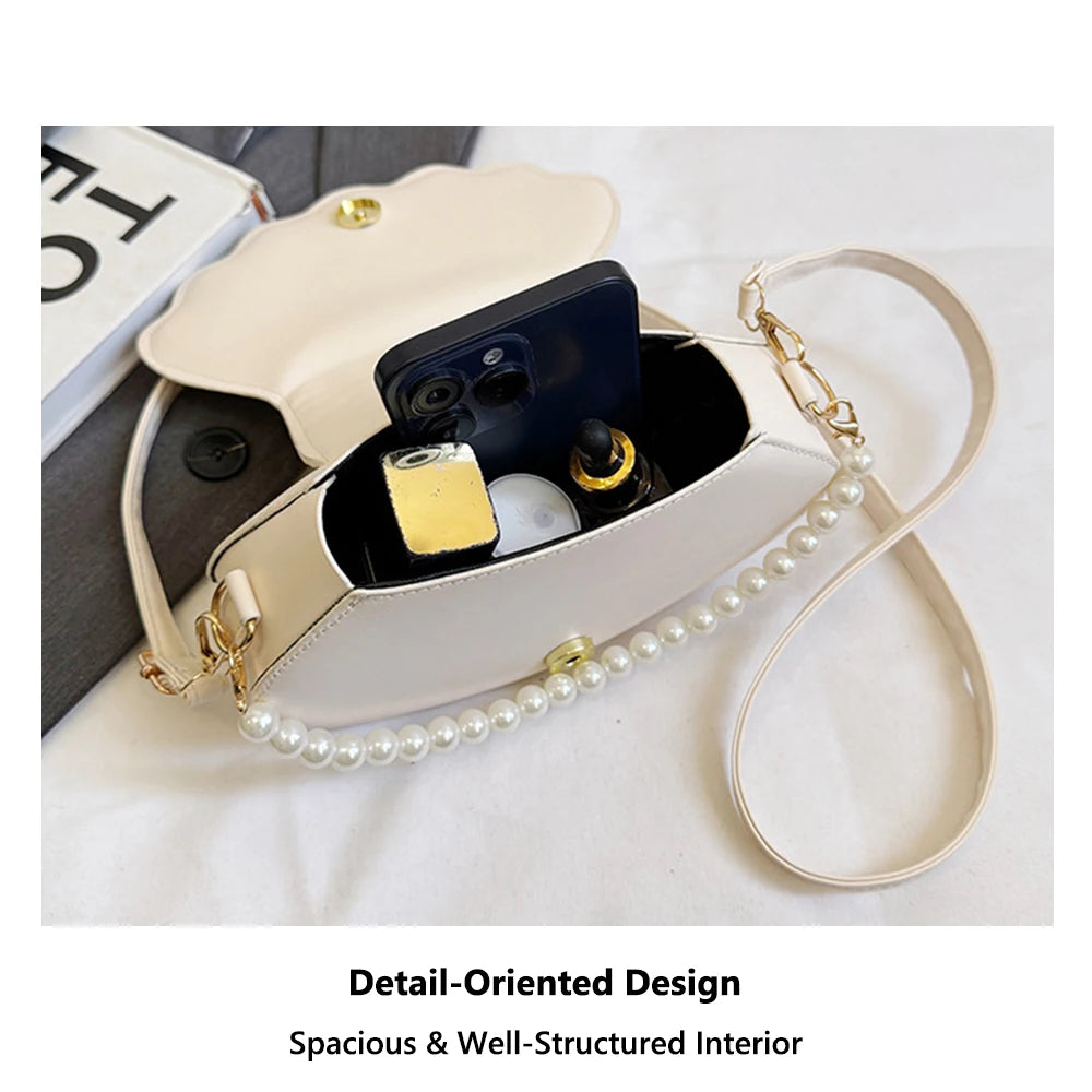 Durable Cute Shell Shoulder Bag Minimalist with Pearls Design Crossbody Bag PU Leather Pearl Decorated Handbag for Women Girls