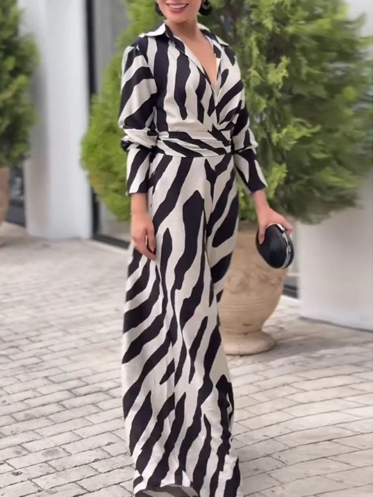 Zebra Print Lapel High-Waist Wide Leg Jumpsuit