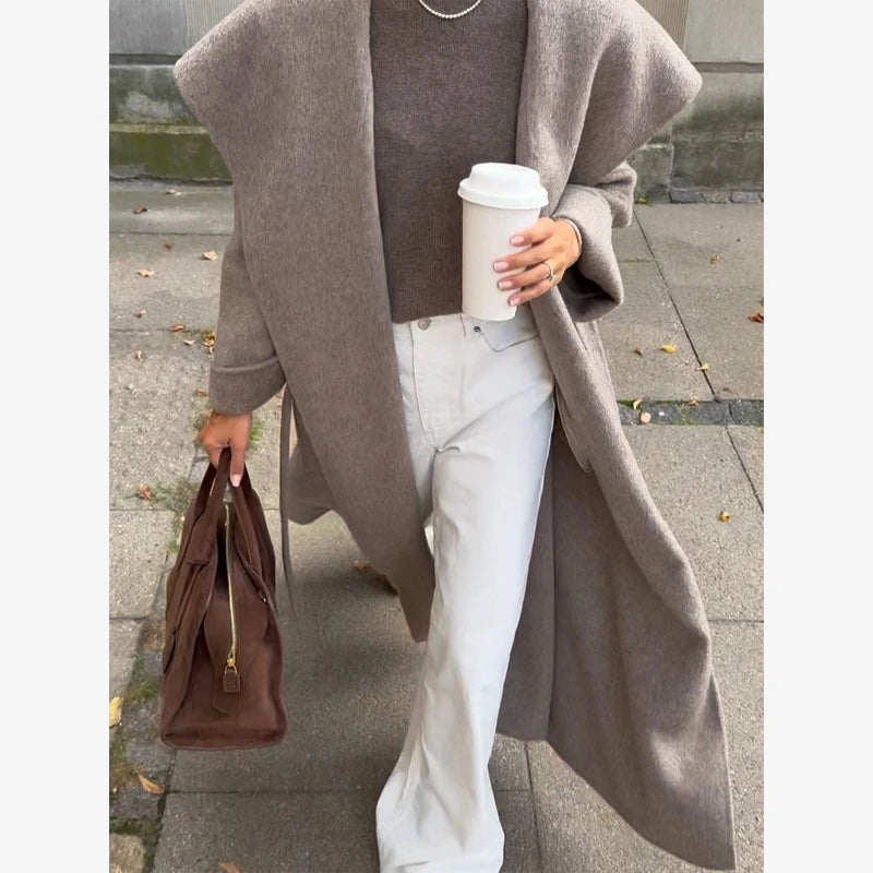 Navy Collar Lace Up Woolen Long Coat Women Elegant V-neck Full Sleeves Pockets Loose Overcoat 2026 Spring Lady Daily Street Wear