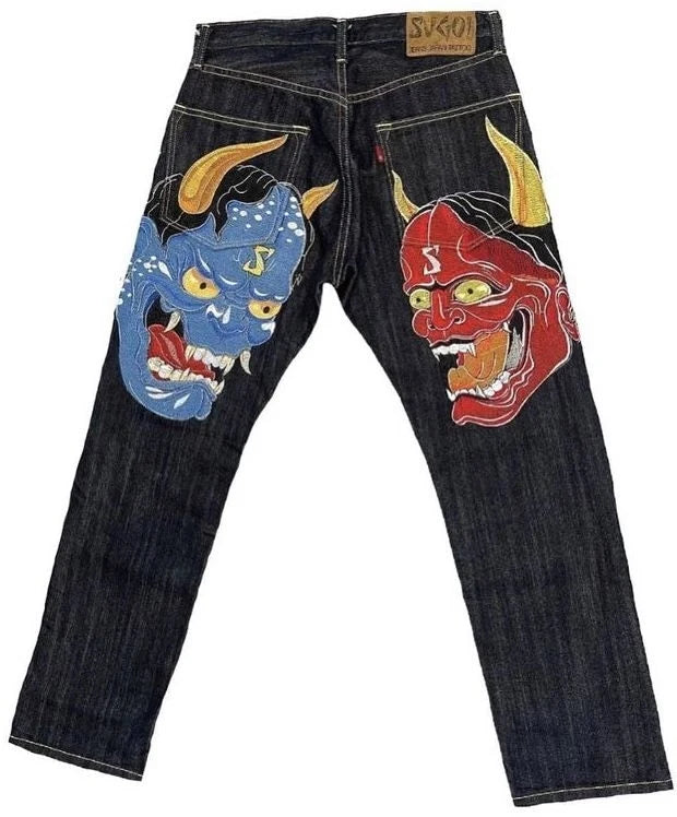 Harajuku Dragon & Snake Embroidered Wide-Leg Jeans