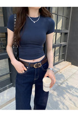 Y2K Vintage Slim Fit Crop Top - Solid Crewneck Short Sleeve Tee