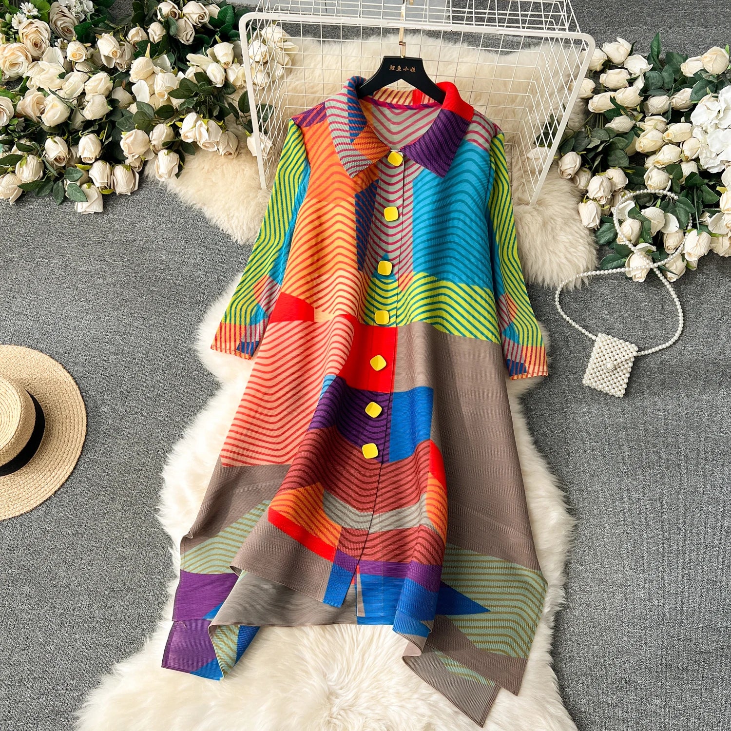Miyake Pleated Drape Dress – Colorblock Print, 3/4 Sleeve