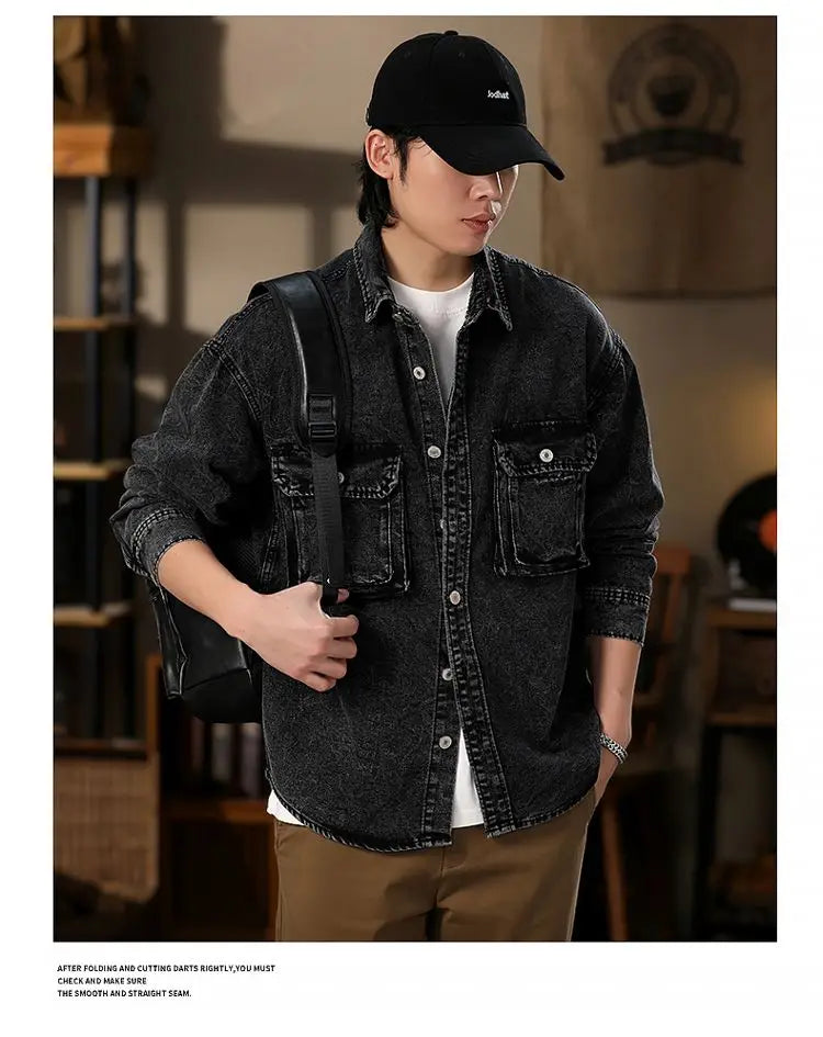 Men Fashion Denim Jackets Coats Loose Fit Pockets Solid Turn Down Collar Full Sleeve Regular Jacket Spring 2025 Causal Clothing