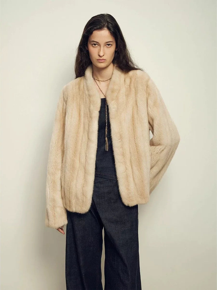 Women's Short Faux Fur Coat with Stand Collar
