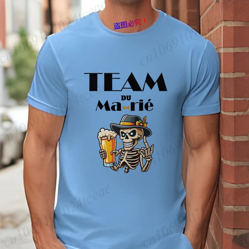 French Funny Single Farewell Bachelor Party T-shirt Wedding Beer Skeleton Tops Evg Team Married Tee Future Groom Man Squad Shirt