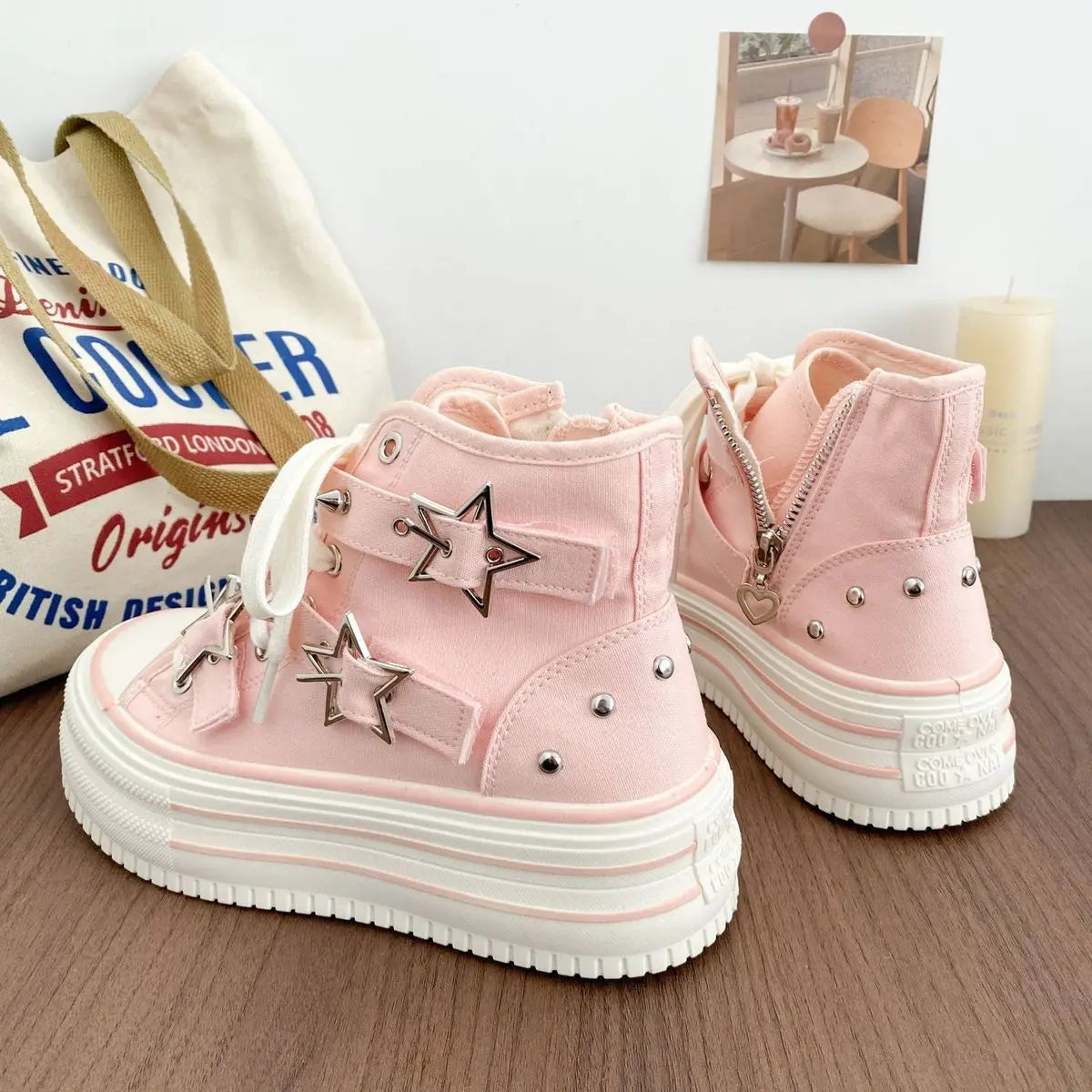 Women's High-Top Canvas Platform Sneakers — Rivet Buckle Lace-Up