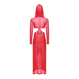Women’s Hooded Mask Sheer Maxi Dress