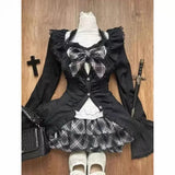 Y2k Japanese Kawaii Two-Piece Sets Long Sleeve Top + Short Skirt Sweet Women Casual Cute Print Bow Patchwork 2025 New Arrival