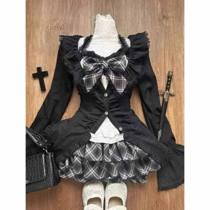 Y2k Japanese Kawaii Two-Piece Sets Long Sleeve Top + Short Skirt Sweet Women Casual Cute Print Bow Patchwork 2025 New Arrival