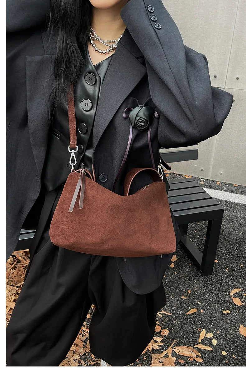 Wholesale Women Suede Bag Female Retro Frosted Cowhide Split Leather Armpit Shoulder Bag Lady Handbag Trendy Crossbody Messenger