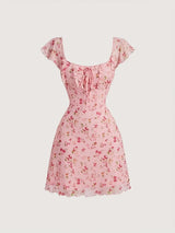 Floral Summer A-Line Dress – Ruffled Square Neck Backless Party Mini