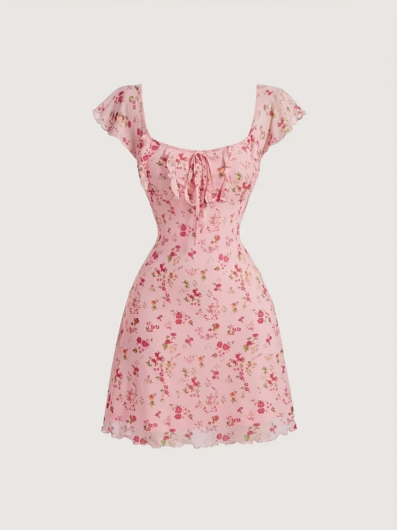 Floral Summer A-Line Dress – Ruffled Square Neck Backless Party Mini