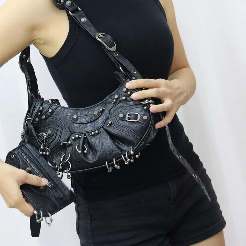  ﻿ 2026 New Women's Fashion Shoulder Bag European Vintage Style Cropped Studded Motorcycle Bag Soft Material Crossbody Design