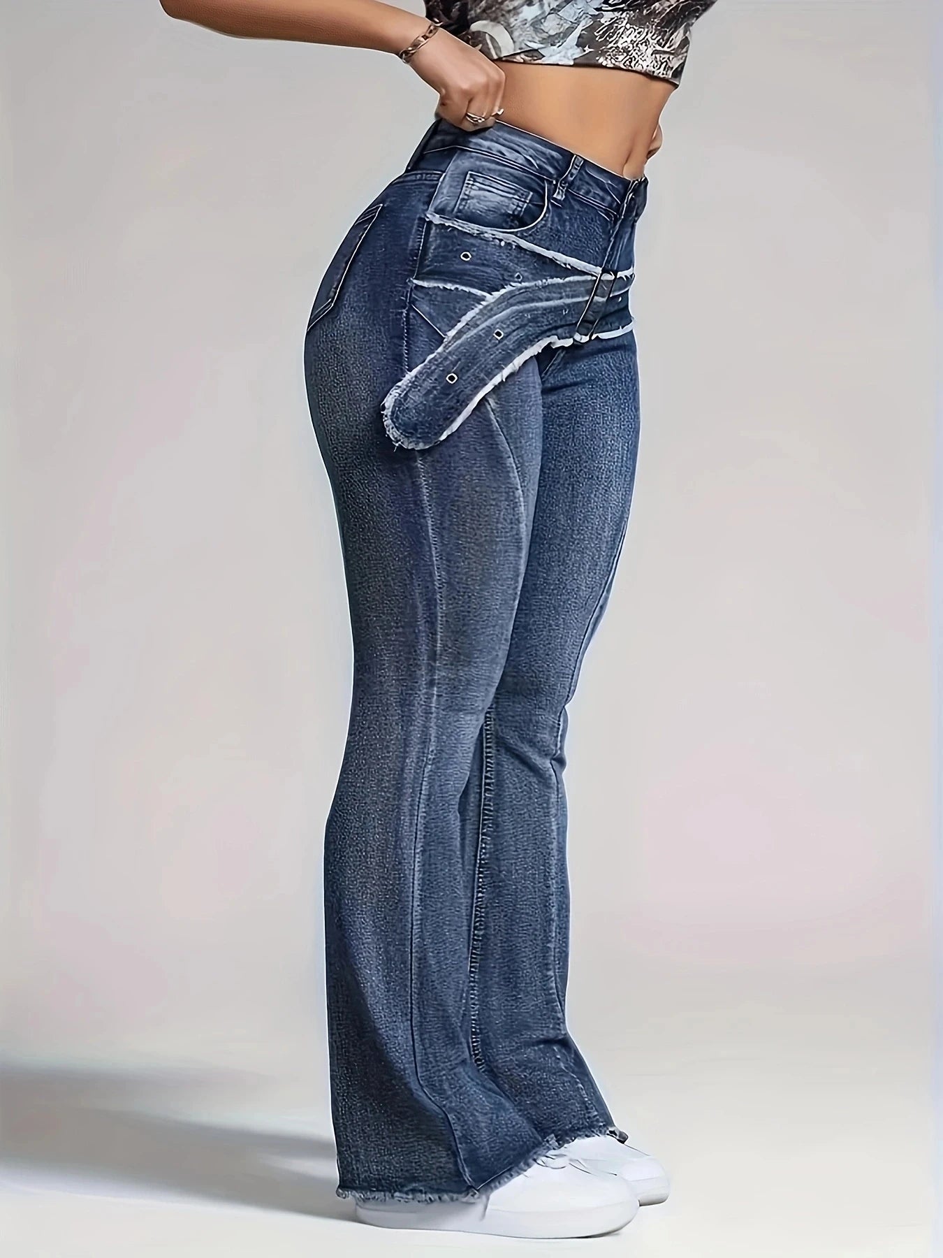 Retro Blue Faux-Waistband Flared Jeans