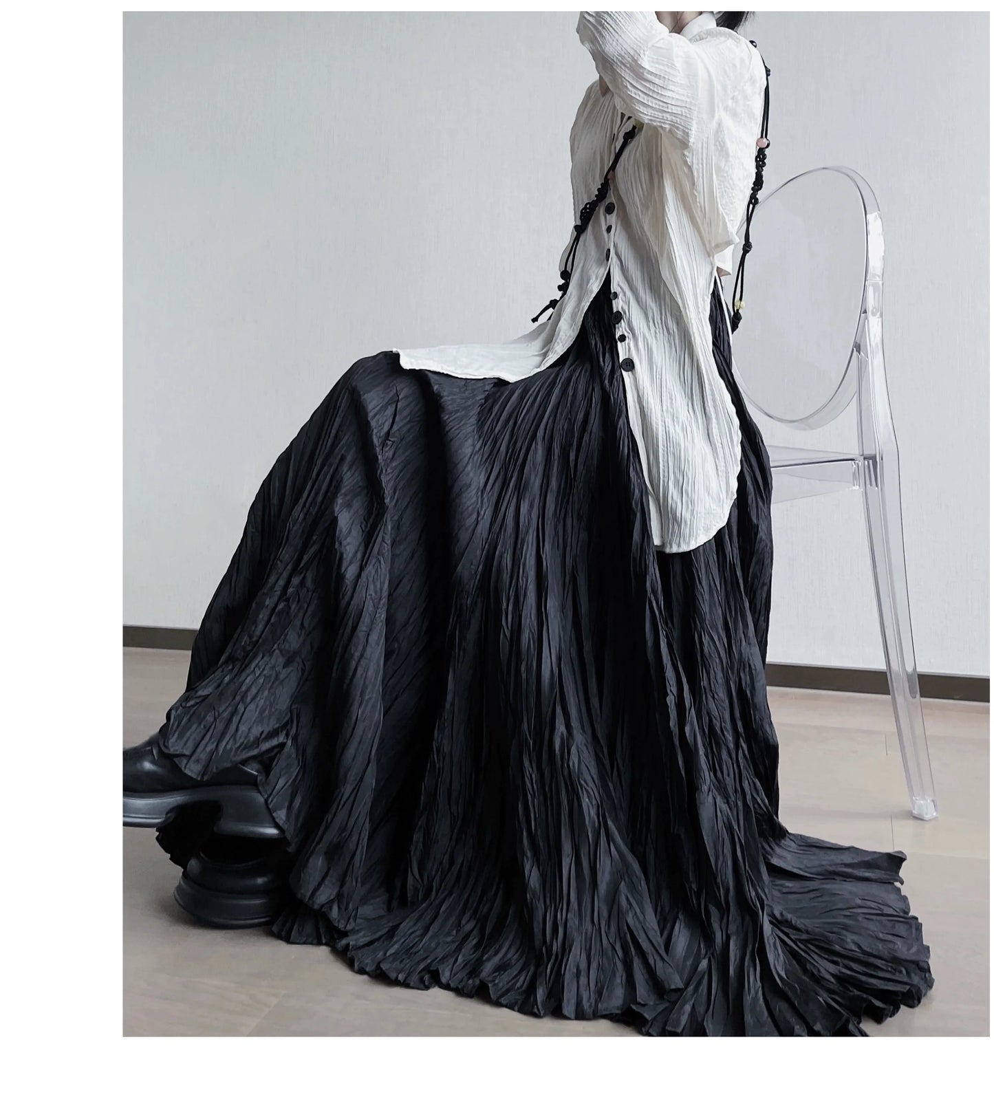 UMI MAO Irregular Fold Maxi Skirt – Elegant A-Line