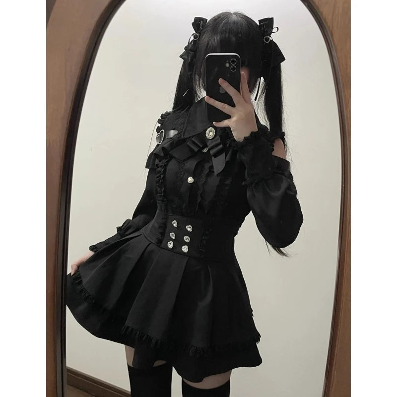 High Waist Lolita School orm Set Winter Faion oulder Bared irt And  Skirt Spicy Girl Clete Outfit Polyester ...