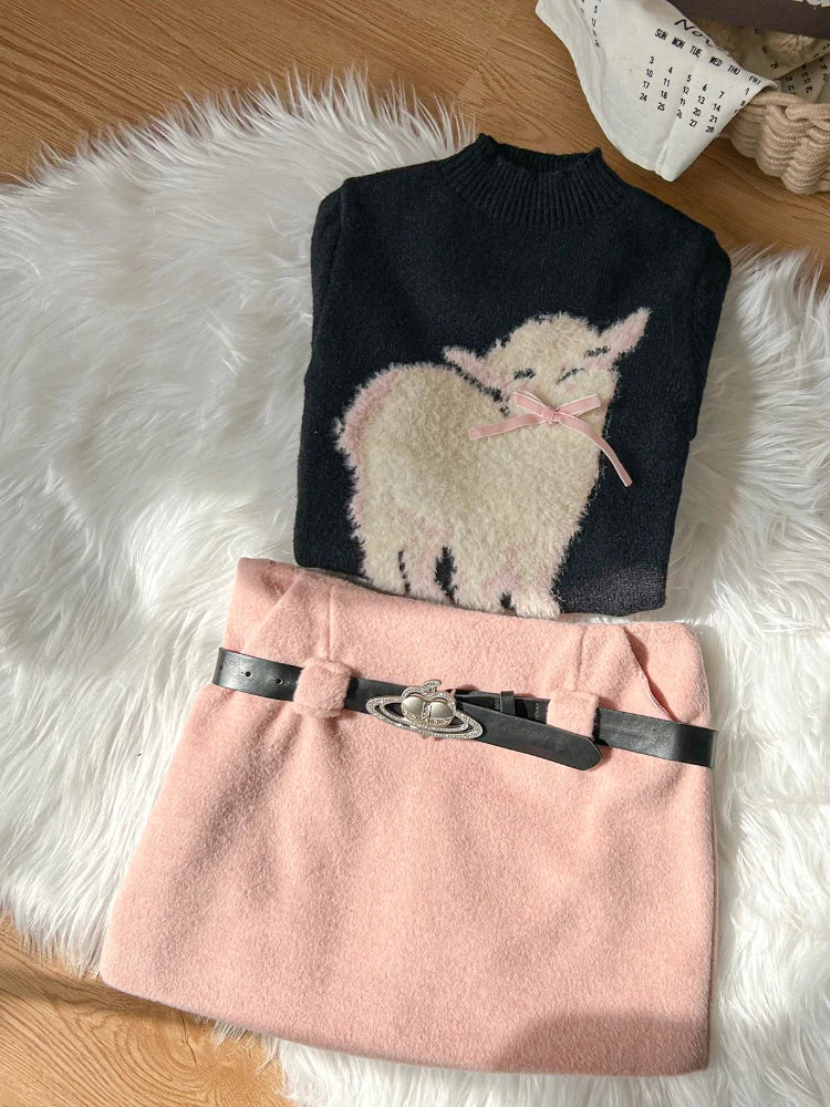 Winter Vingate New 2 Piece Set Women Patchwork Elegant Y2k Knitted Skirt Suit Female Korean Fashion Design Casual Belt Set 2025
