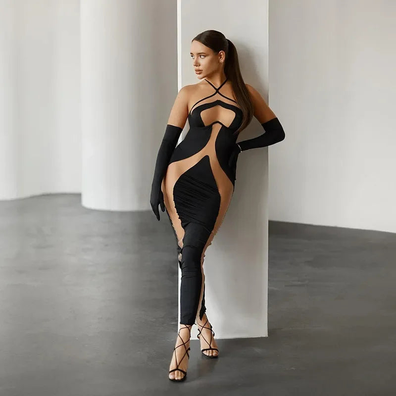 Elegant Mesh Patchwork Halter Gown