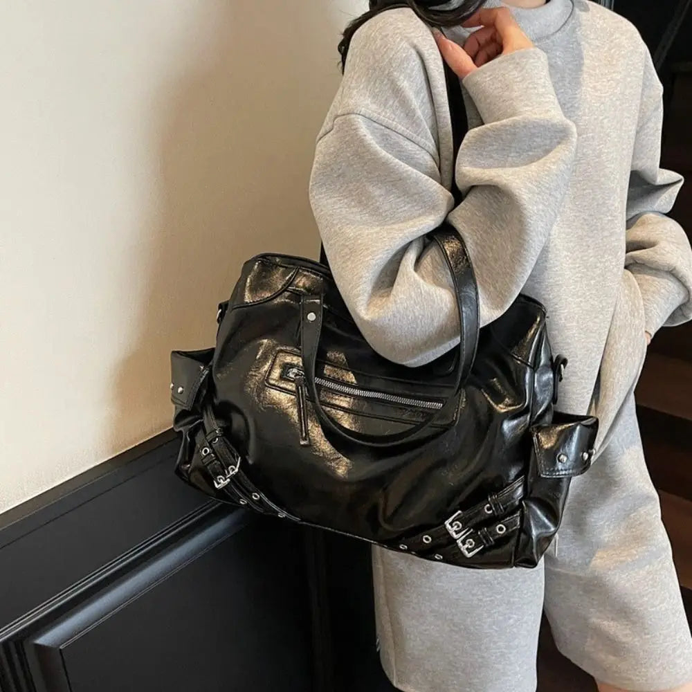 New Large Capacity PU Leather Tote Bag Y2K Style Zipper Closure Shoulder Bag Soft Interior Handbag Women Fashion