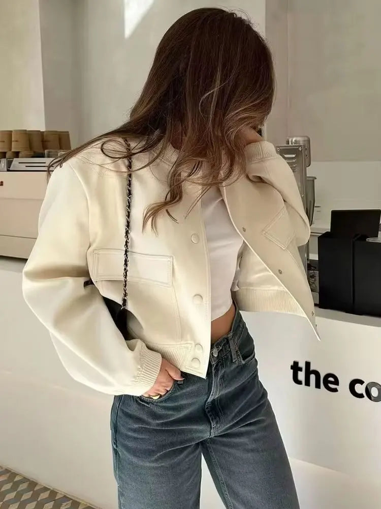 Women’s Vintage Utility Bomber Jacket – Chic Button-Down Outerwear