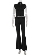 Ahagaga Sexy Women's Sets Short Sleeves Hollow Out Skinny Zipper Basic 2Pcs (Tops+Long Pants) High Street Turtleneck Reacksuits