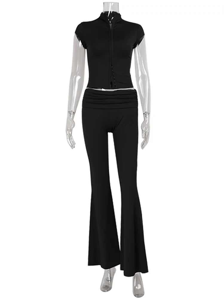 Ahagaga Sexy Women's Sets Short Sleeves Hollow Out Skinny Zipper Basic 2Pcs (Tops+Long Pants) High Street Turtleneck Reacksuits