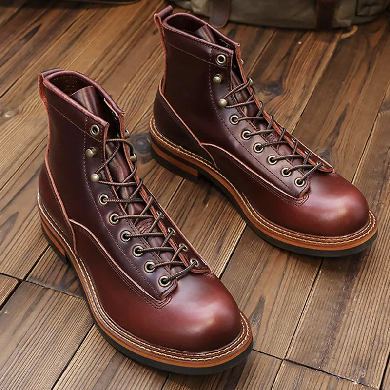 KOWM Hiking shoes men's walking boots British cowhide high top motorcycle boots ankle casual sneakers trekking shoes thick soled