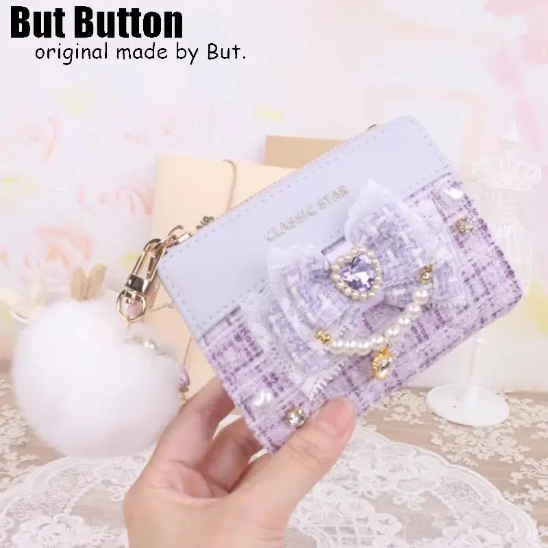 Kawaii Sweet Japanese Lolita Bow Wallet JK Harajuku Y2K Lace Rhinestone Short Wallet Mini Purse Card Holder Women Girls Gift