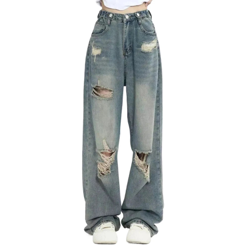 American Retro Hole-Punched Wide Leg Jeans for Women