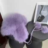 INS Fluffy Faux Fur Trapper Hat Women Pompom Ties Russian Ushanka Earflap Cap Bomber Hat Winter Ski Beanie Bonnet Accessories
