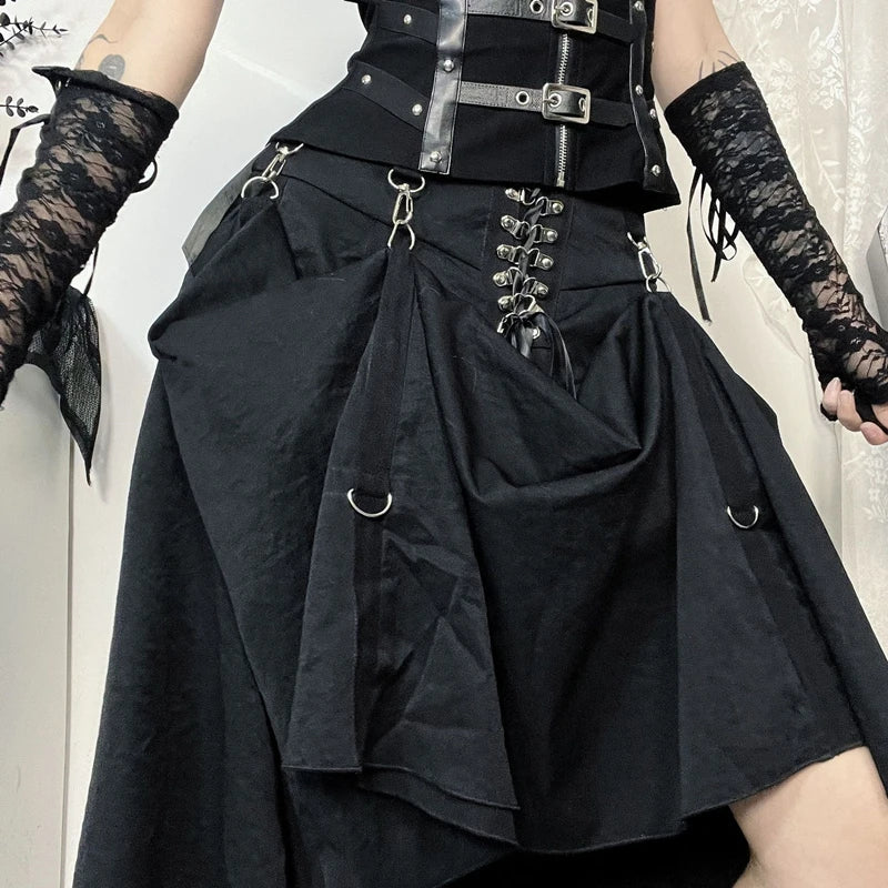 Gothic High-Waist A-Line Midi Skirt | Harajuku Grunge Y2K
