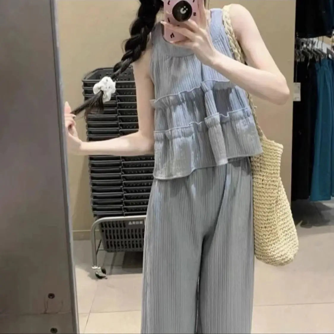 Faionable round Ne Svel Top High Waist Straight Leg Pants Women's Summer New Sle Korean Version Two-Piece Set