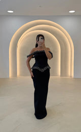 Blue Mermaid Off-Shoulder Evening Gown with Pearl Beading